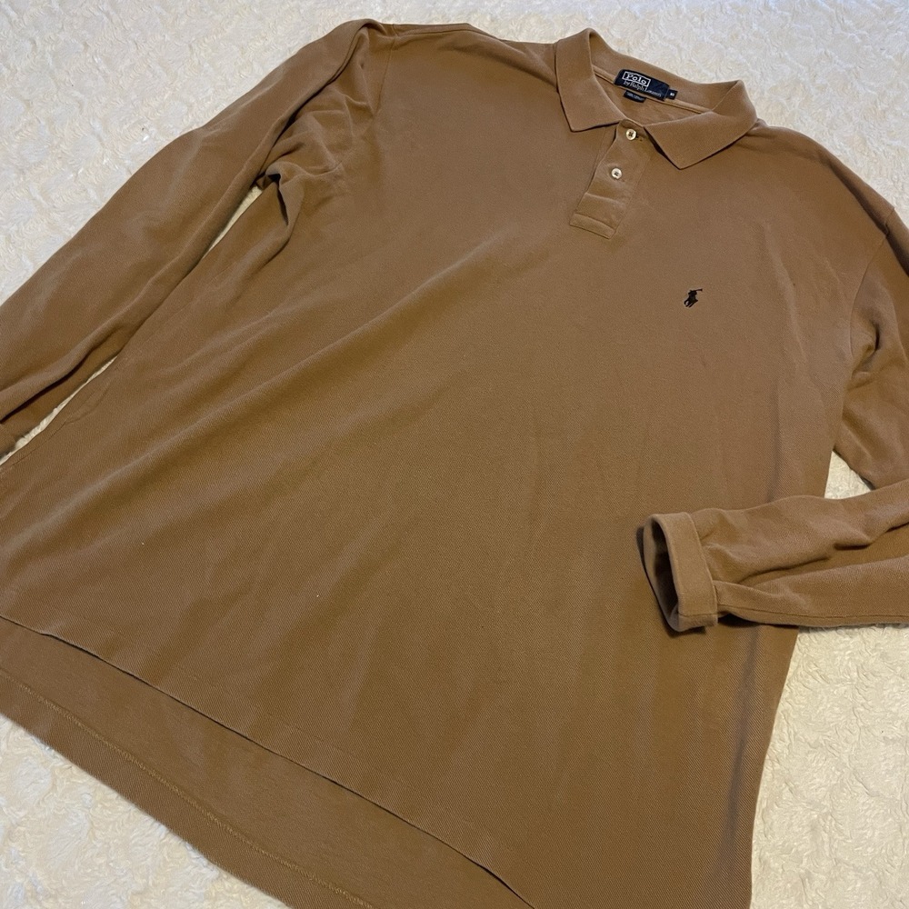 Polo Ralph Lauren Tan Longsleeved Polo Shirt XL Cotton Brown‎